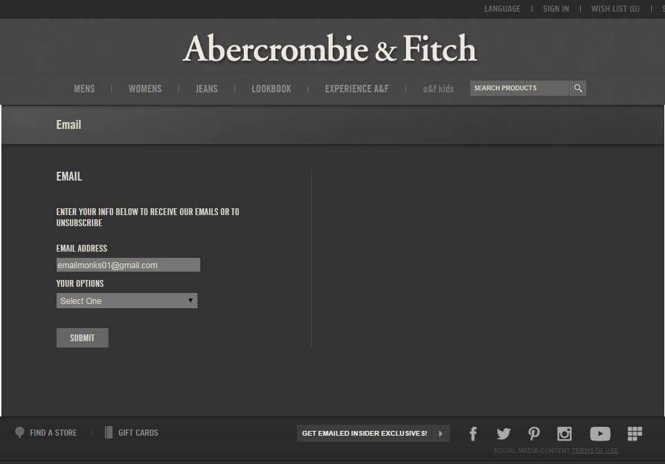 A&F Unsubscribe email template