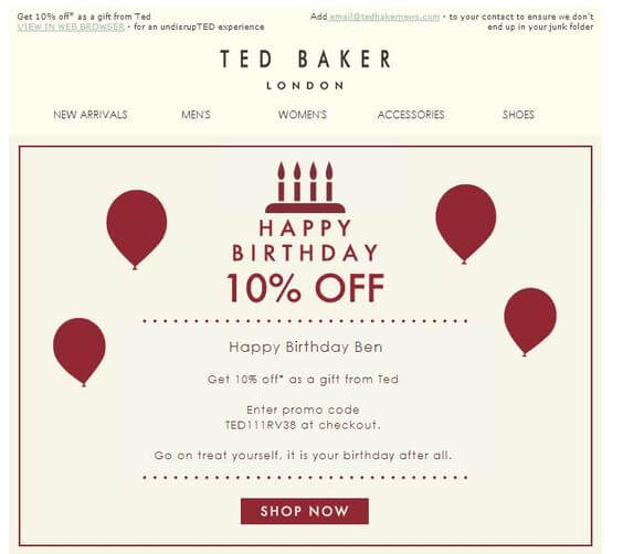 Email Personalization Examples- Ted Baker Birthday Email