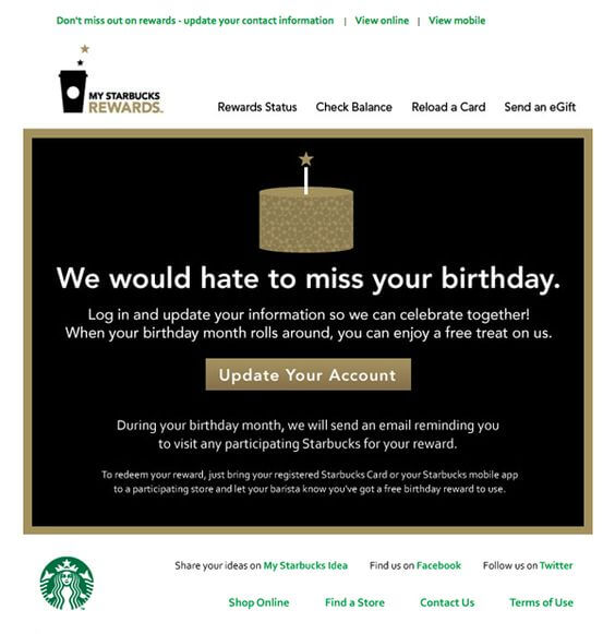 Email Personalization Examples- Starbucks Birthday Email