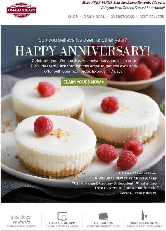 Email Personalization Examples- Omaha Steaks Anniversary Email