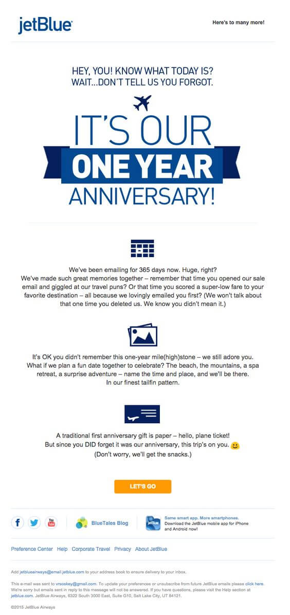 Email Personalization Examples- JetBlue Anniversary Email