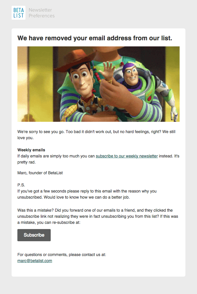 Toy Story unsubscribe email