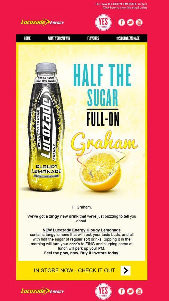 email image Lucozade- personalization in HTML email