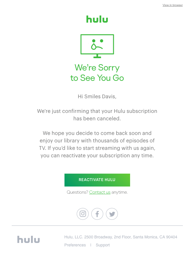 Hulu’s unsubscribe message