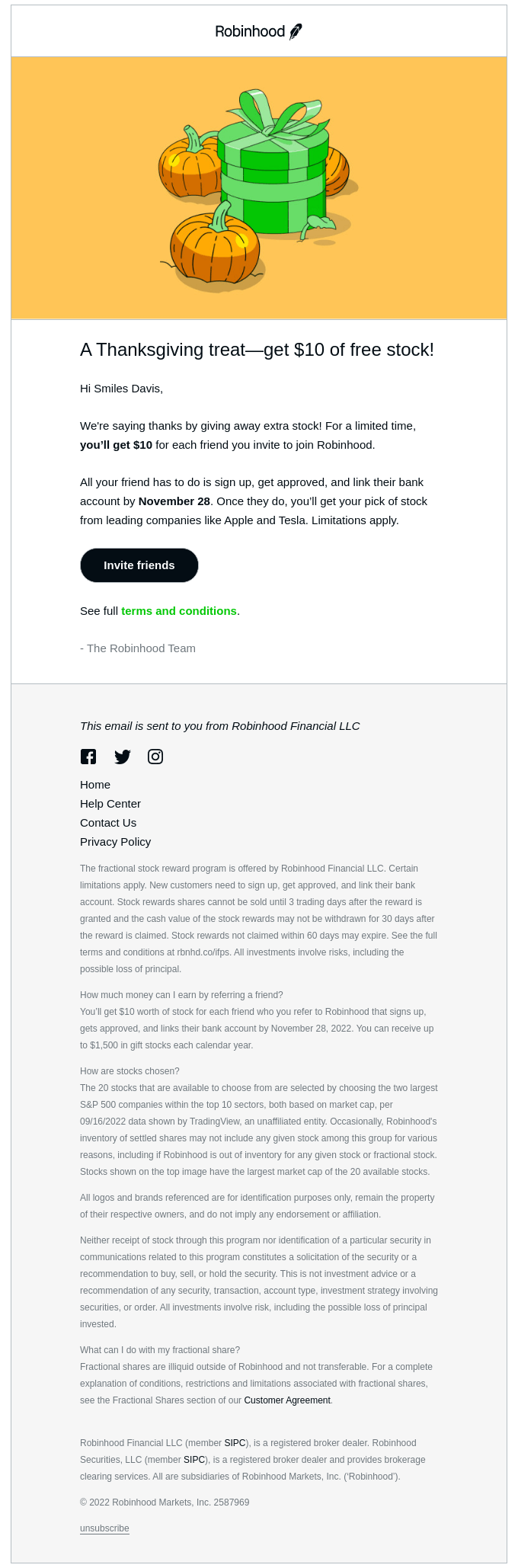 Thanksgiving email from Robinhood Financia