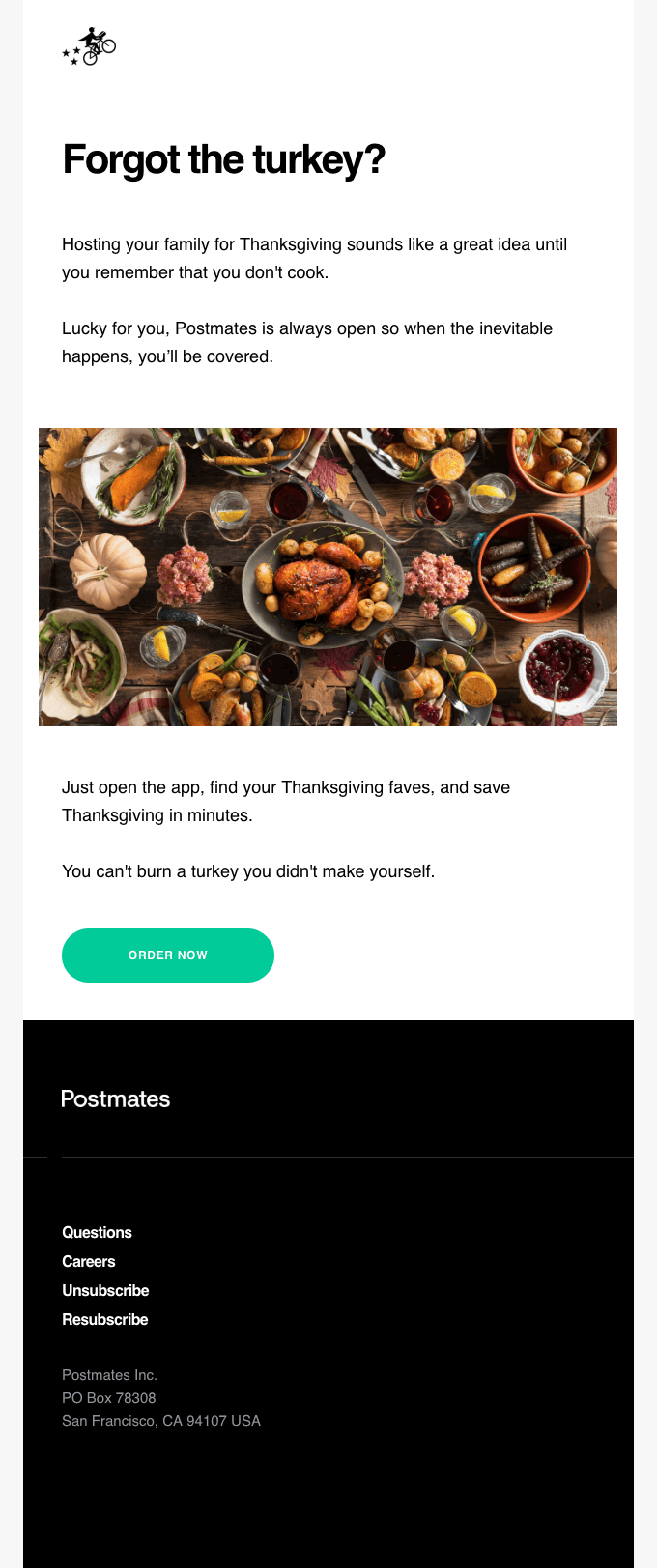 Thanks giving email by postmates.