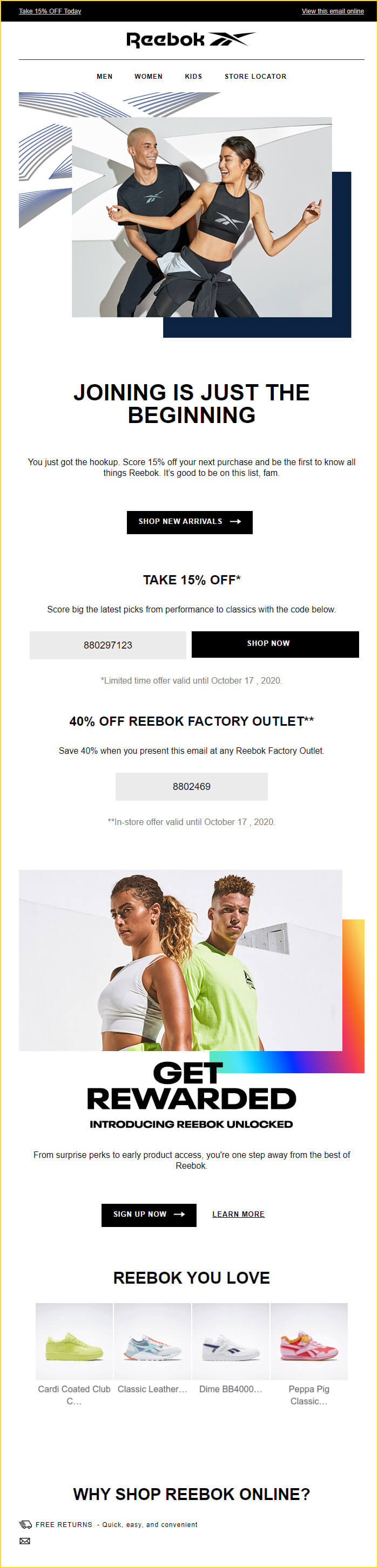 Reebok welcome email 1