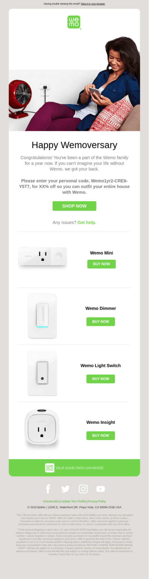 wemo anniversary email sample