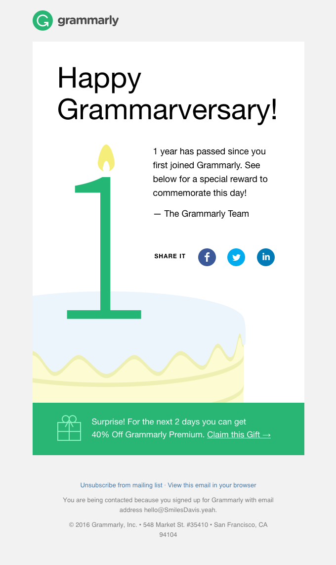 grammarly anniversary email sample