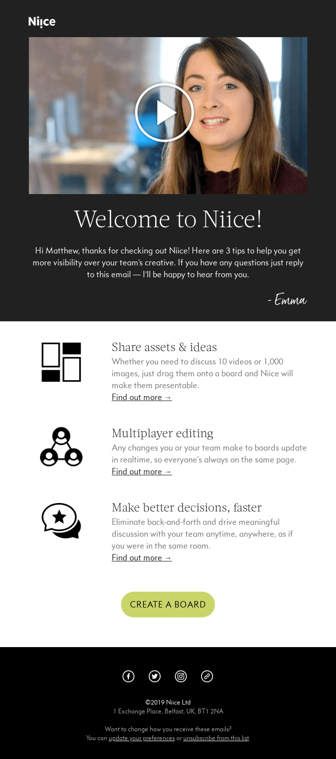 Niice welcome email template