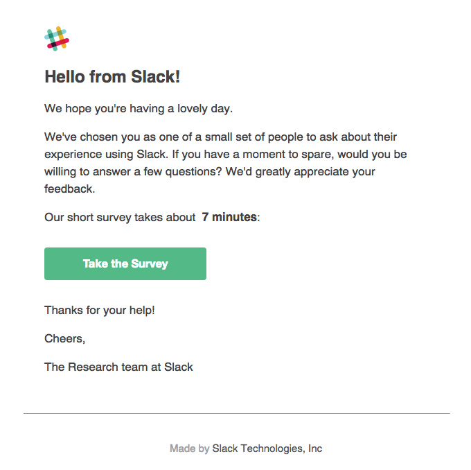 Feedback email example from Slack.