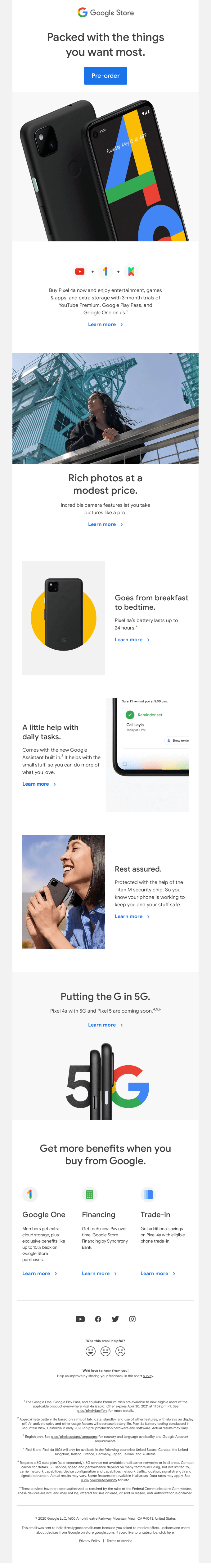 Introducing Pixel 4a promotional email