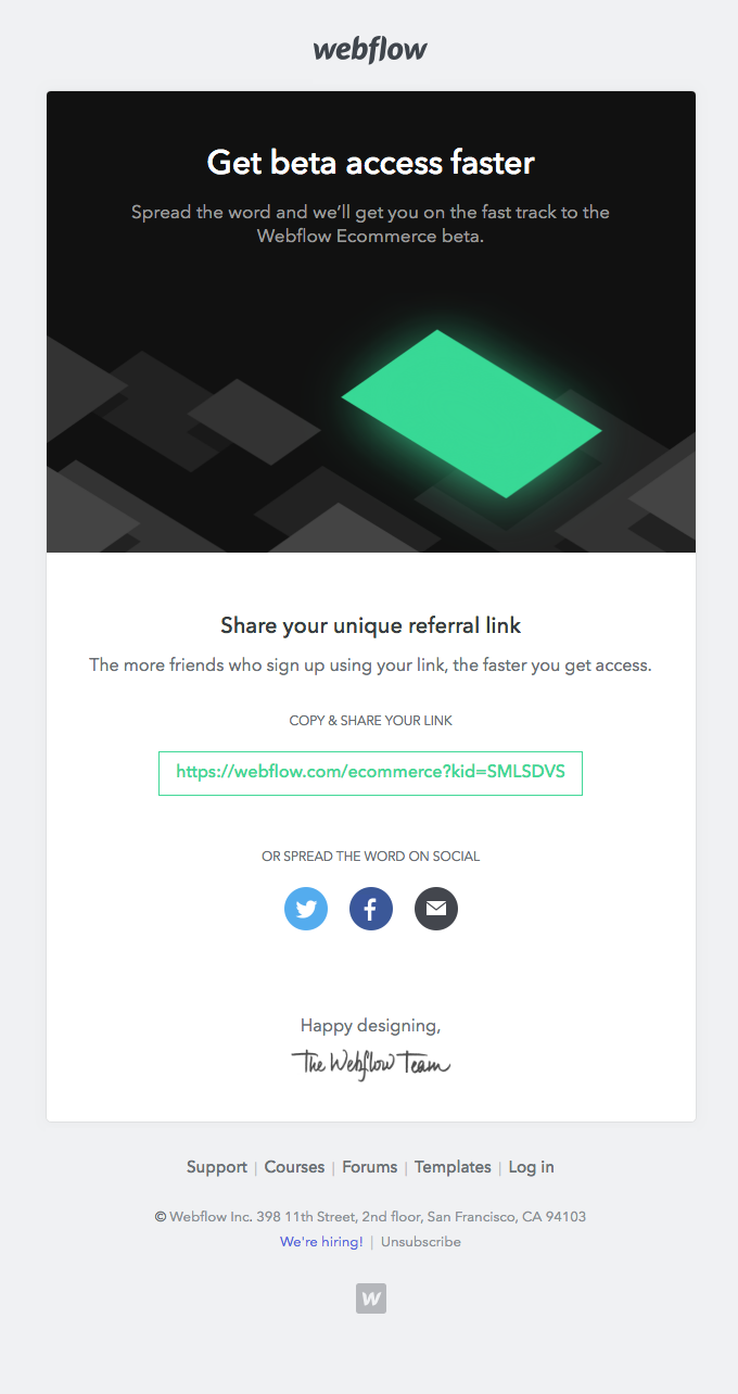 Webflow’s referral incentive email