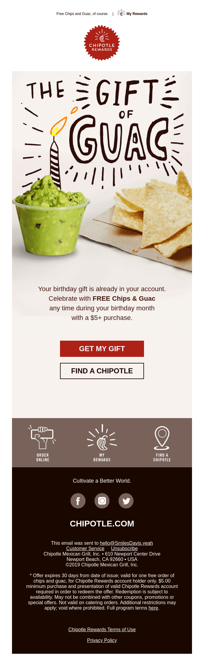quirky birthday email from Chipotle