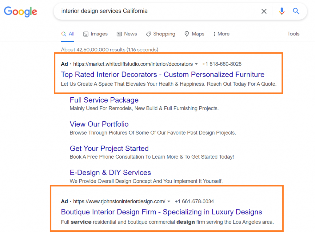 Google search ads example