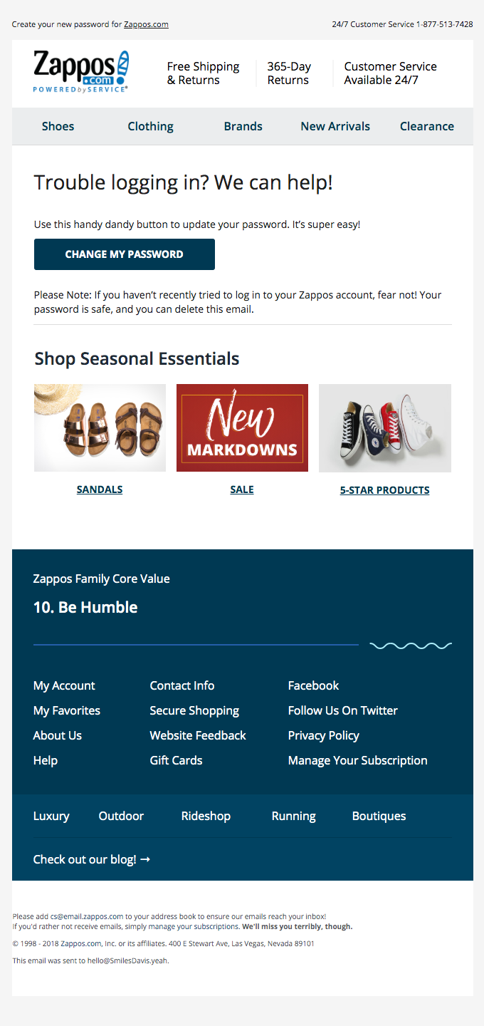 Zappos: simple password reset email 