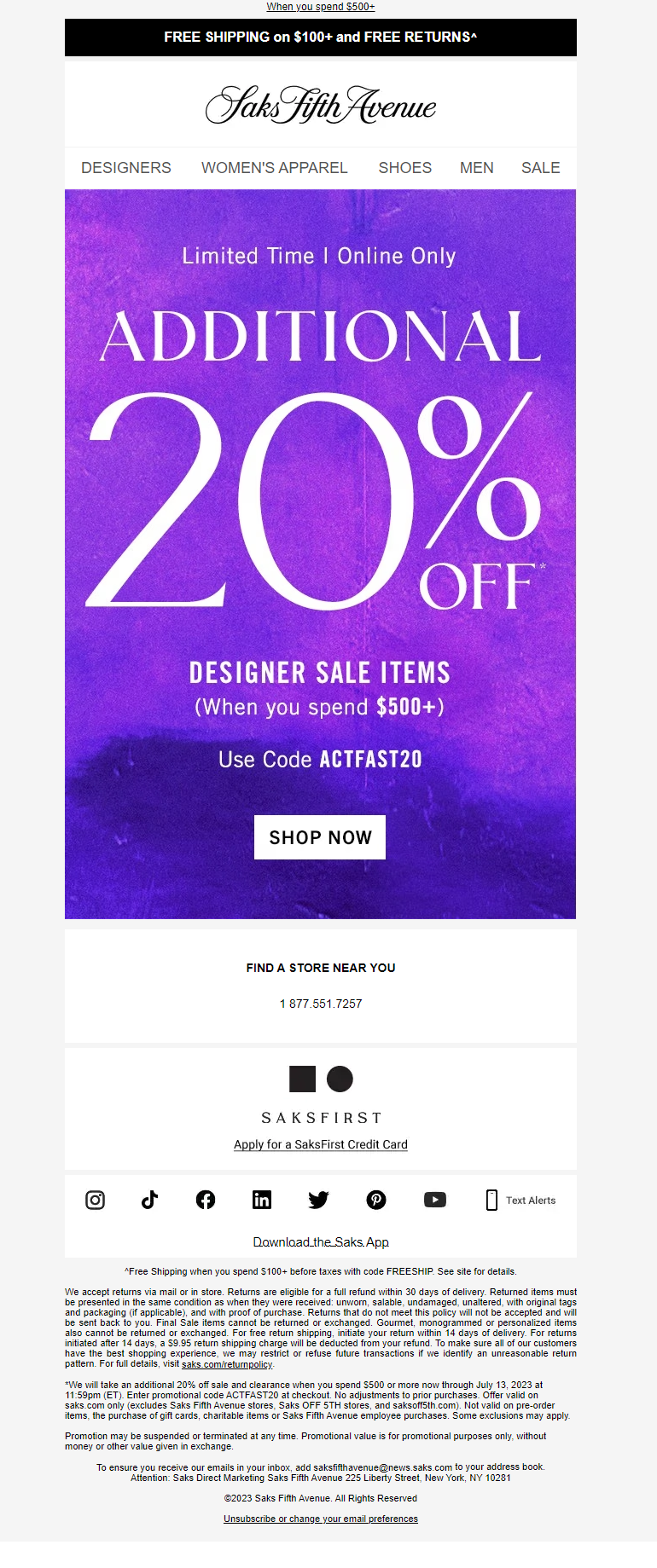 email from Saks Fifth Avenue