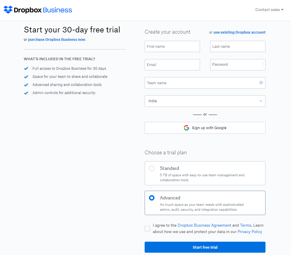  lead generation form by Dropbox Business 
