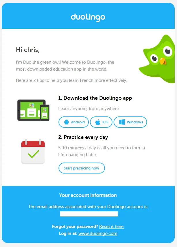 Duolingo, welcome email