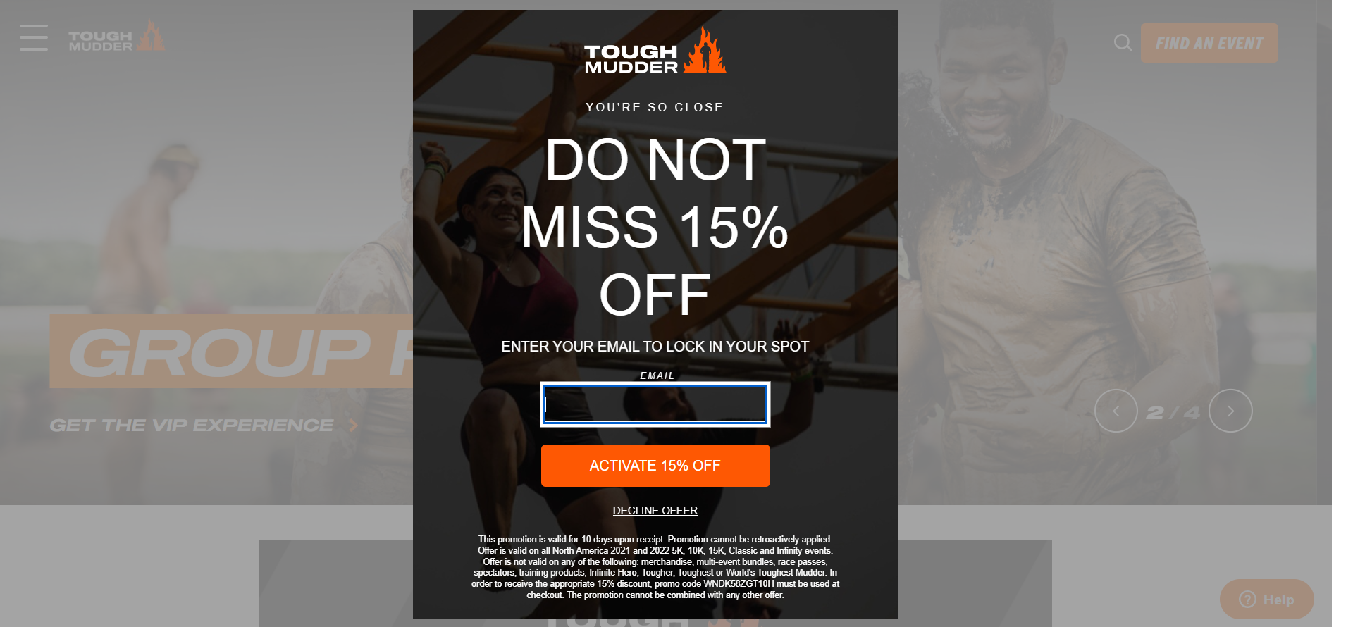 Tough Mudder- Exit intent popup