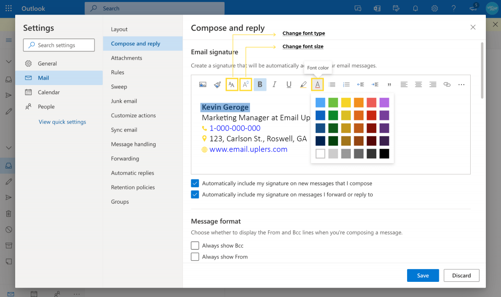 Formatting the Signature in Outlook 365 Web App
