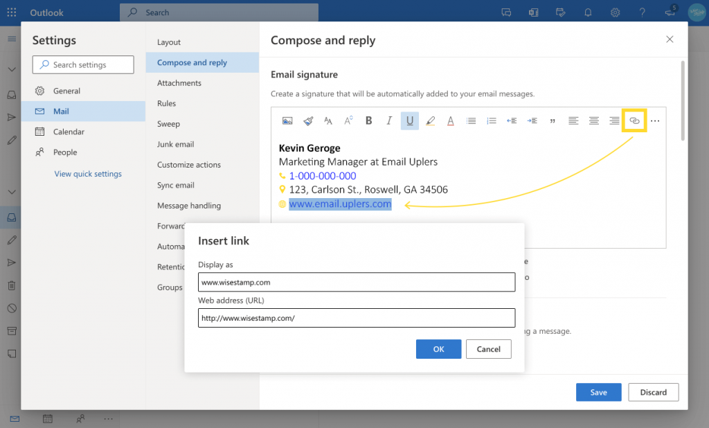 Adding hyperlink in outlook signature