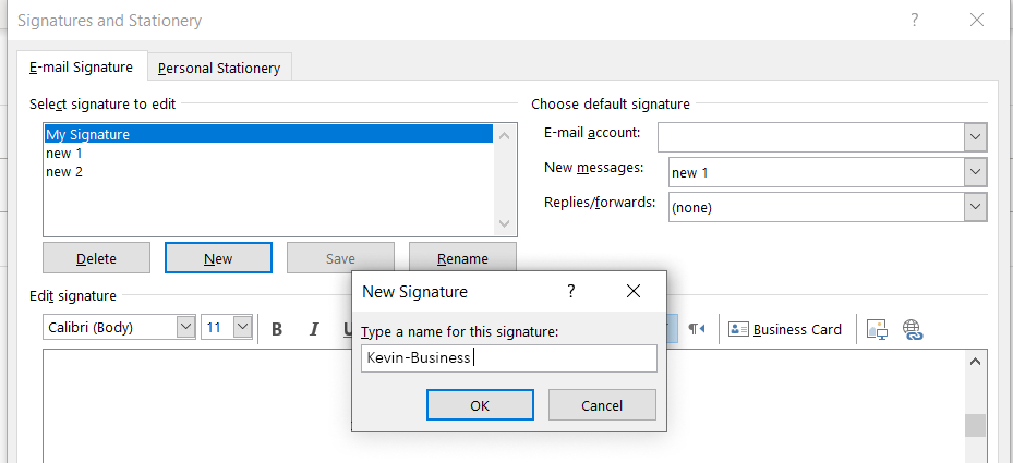 Assign name to business Signature in outlook