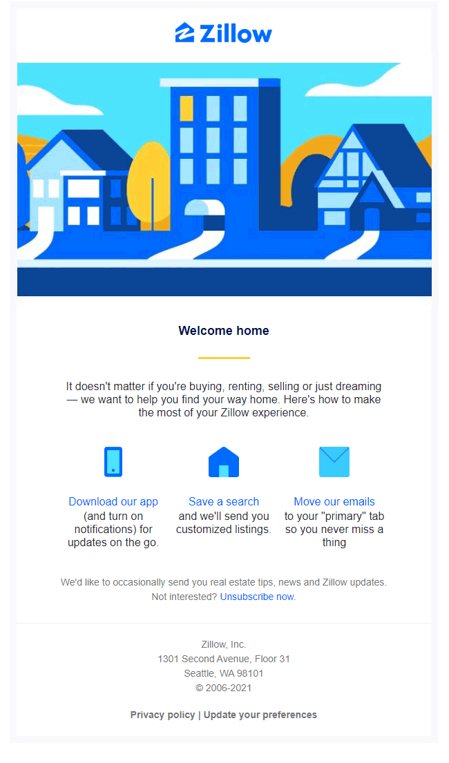 welcome email by zillow