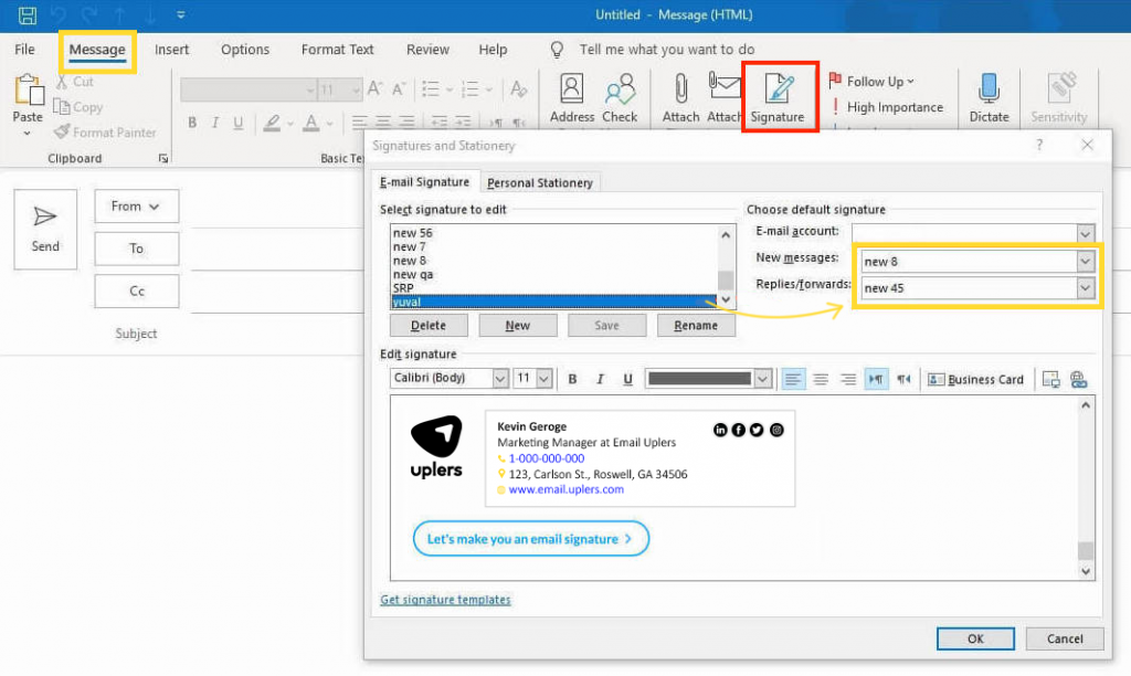 Manage signature in outlook