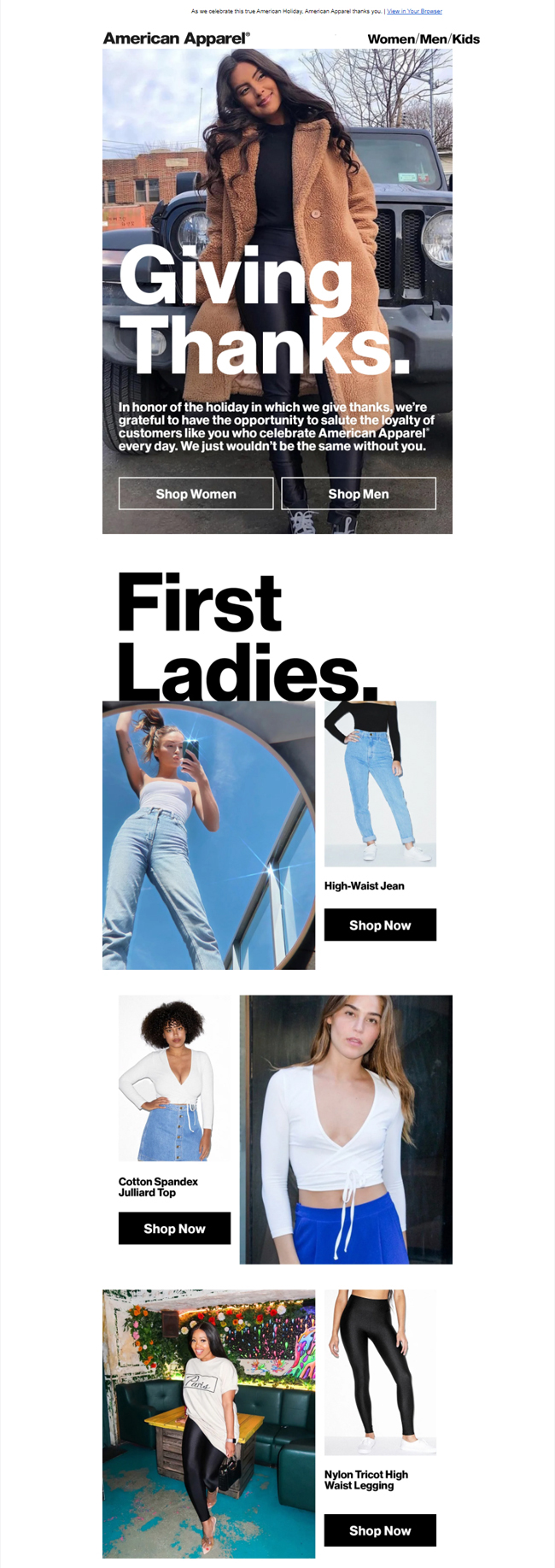 Thanksgiving email from American Apparel