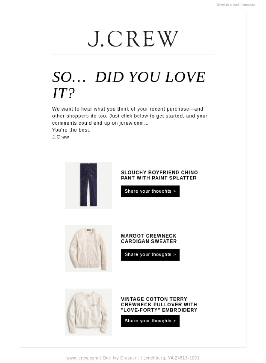 j crew post purchase email