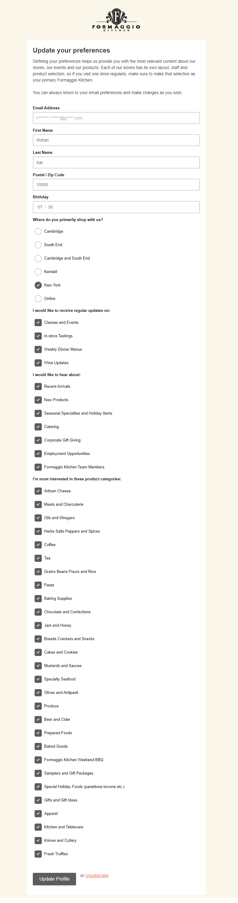 Formaggio Kitchen's subscription preference center