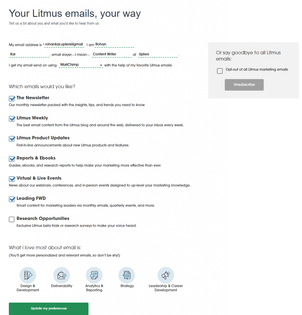 Litmus' email subscription preference center