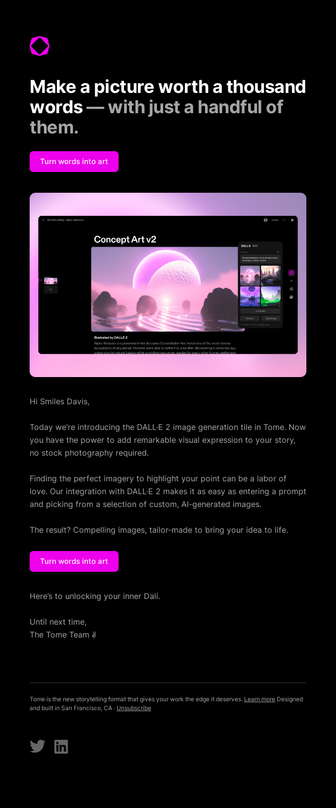 product update email by Tome