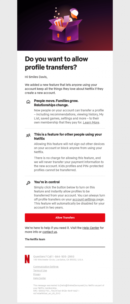Netflix- Product update email