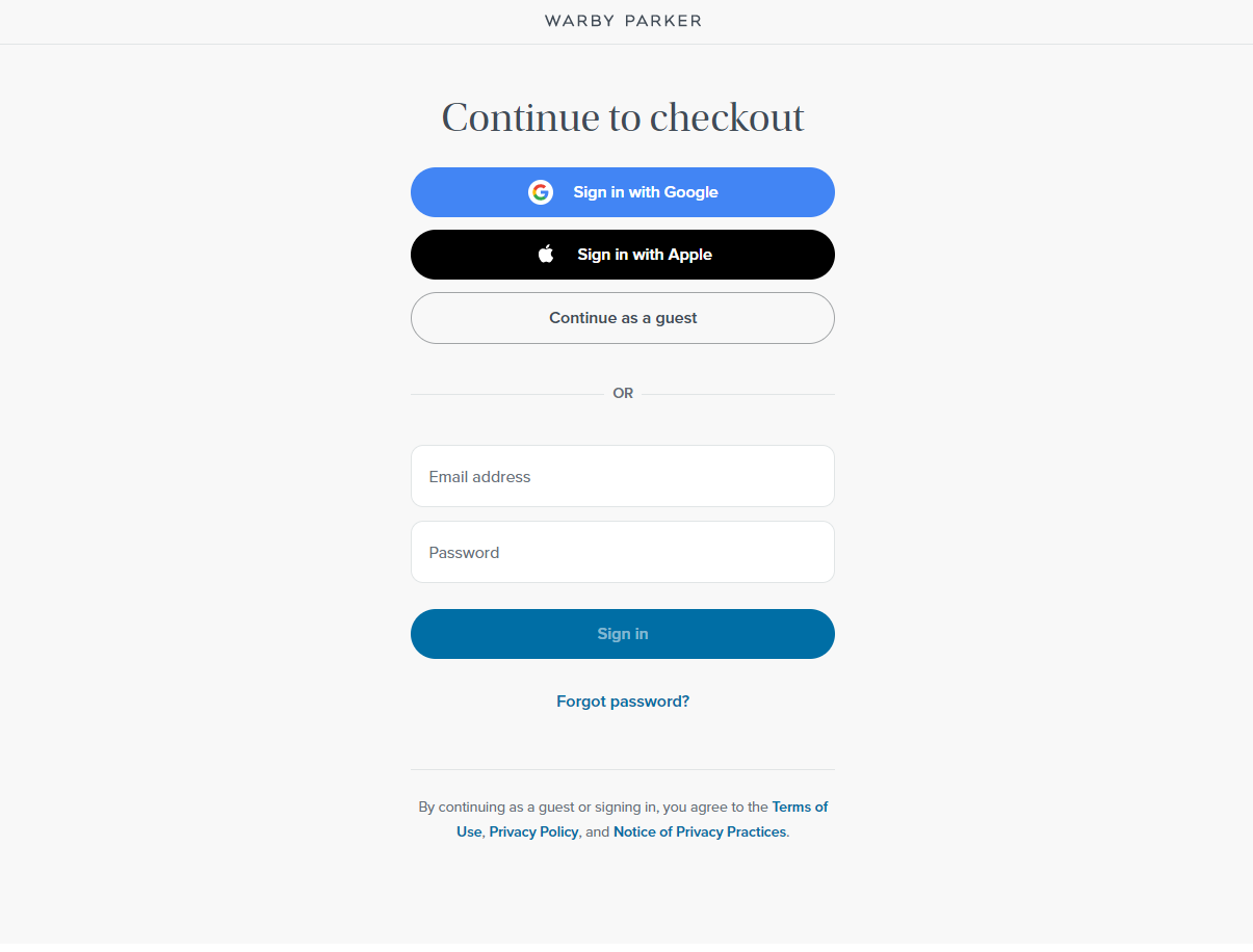 Warby Parker checkout page