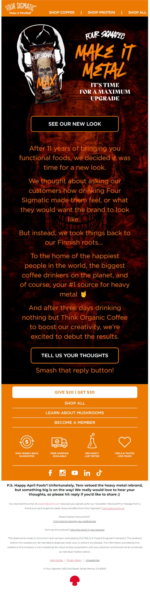 Four Sigmatic April Fool's email