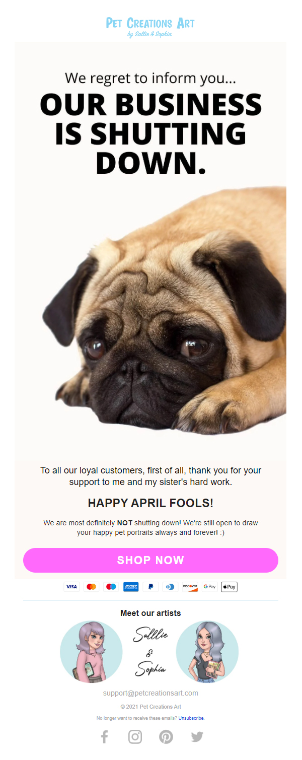 Pet Creations Art- April Fool email