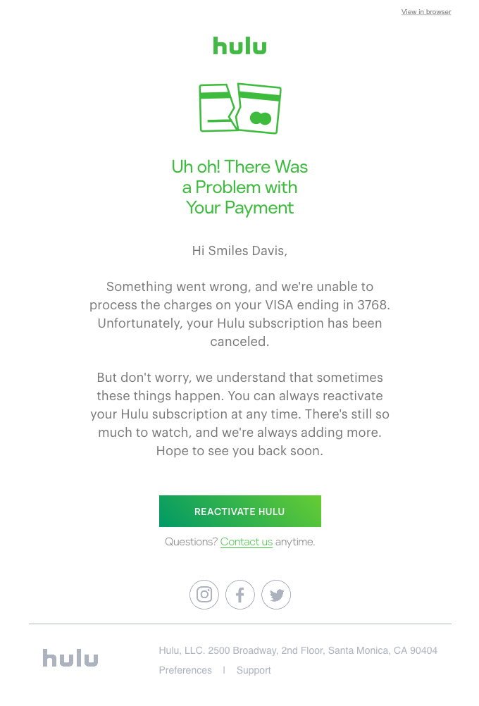 dunning email from HULU