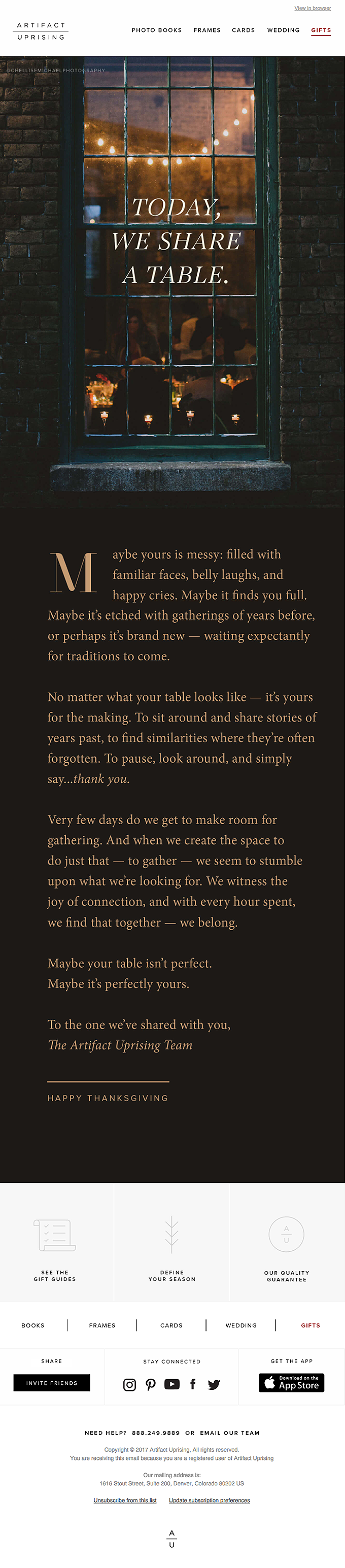 Artifact Uprising thanksgiving email