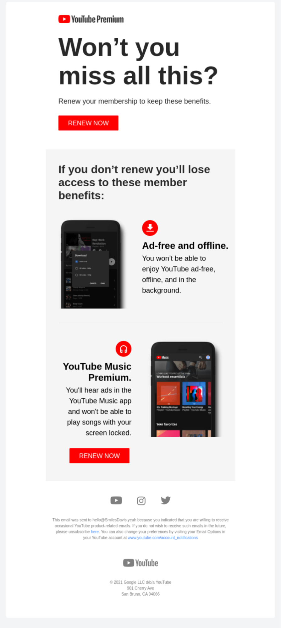YouTube’s renewal email