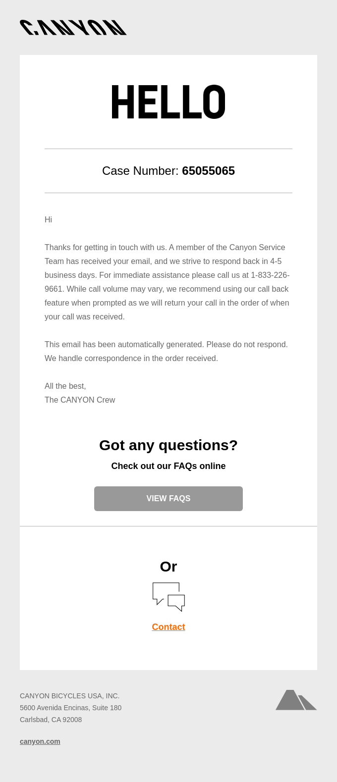 Canyon- customer service email