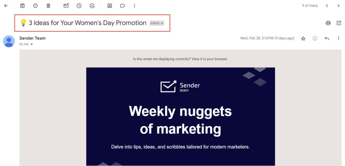 Sender’s newsletter with engaging subject line