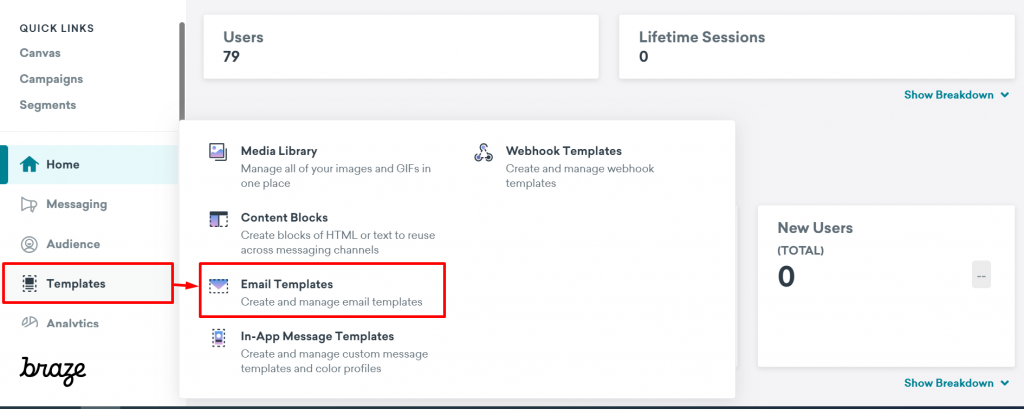 Select Email Templates from  Braze account