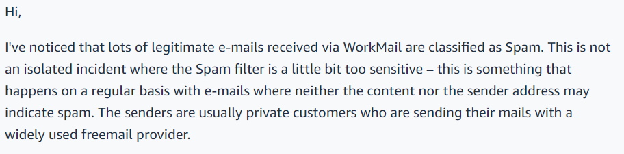 AWS WorkMail Spam filter too sensitive