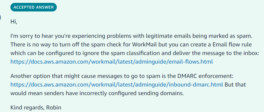 AWS WorkMail Spam filter too sensitive