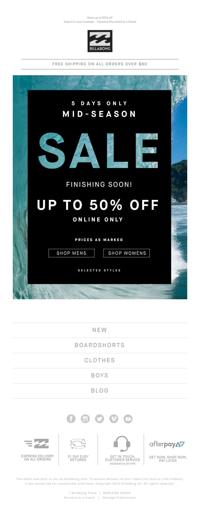 A marketing email by Billabong that shows content for thier male subscribers