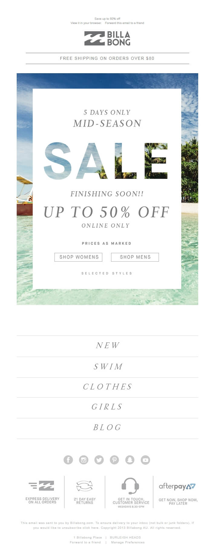 A marketing email by Billabong that shows content for thier female subscribers