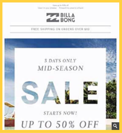 A marketing email by Billabong that shows content for thier female subscribers