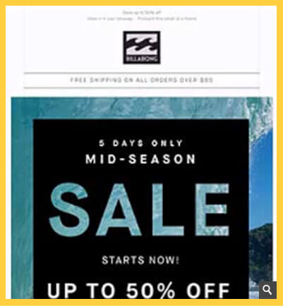 A marketing email by Billabong that shows content for thier male subscribers